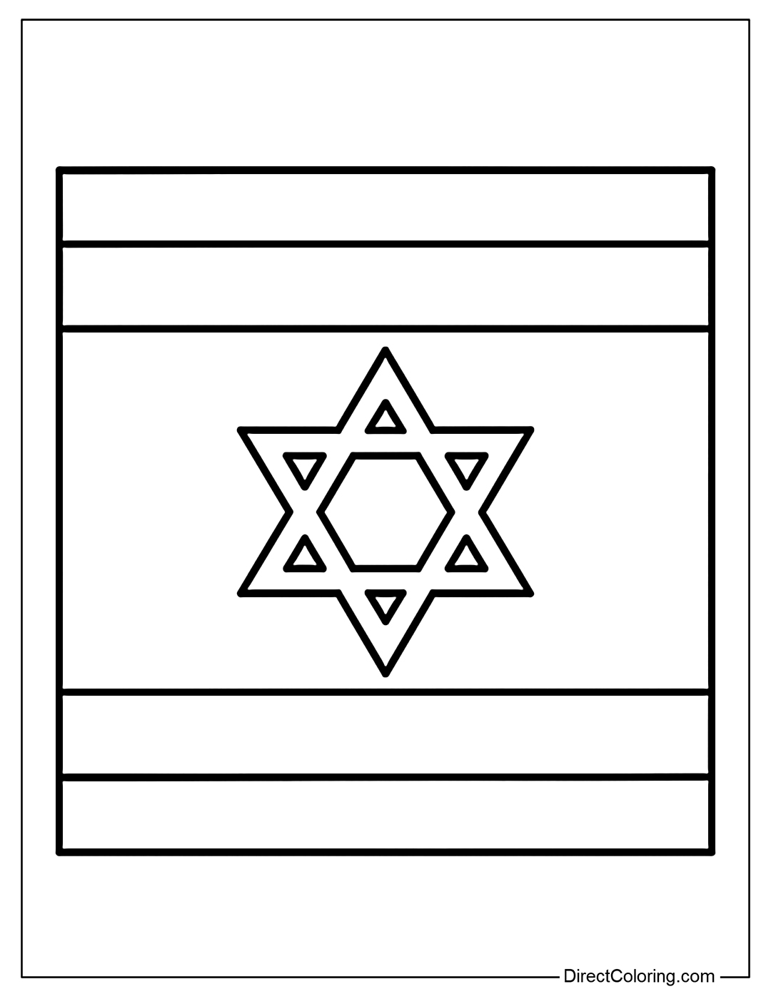 Israeli flag coloring page with two blue stripes and the Star of David in the middle.